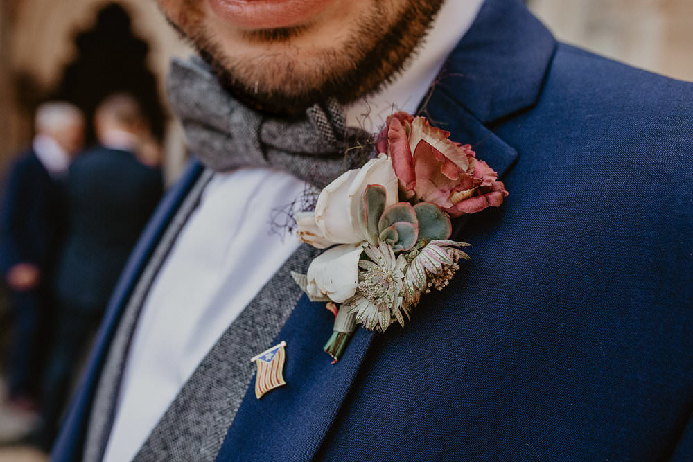 Groom Groomsmen Suits Navy Blue Grey Tweed Waistcoat Bow Tie Buttonhole Flowers Norwich Cathedral Wedding Camilla Andrea Photography