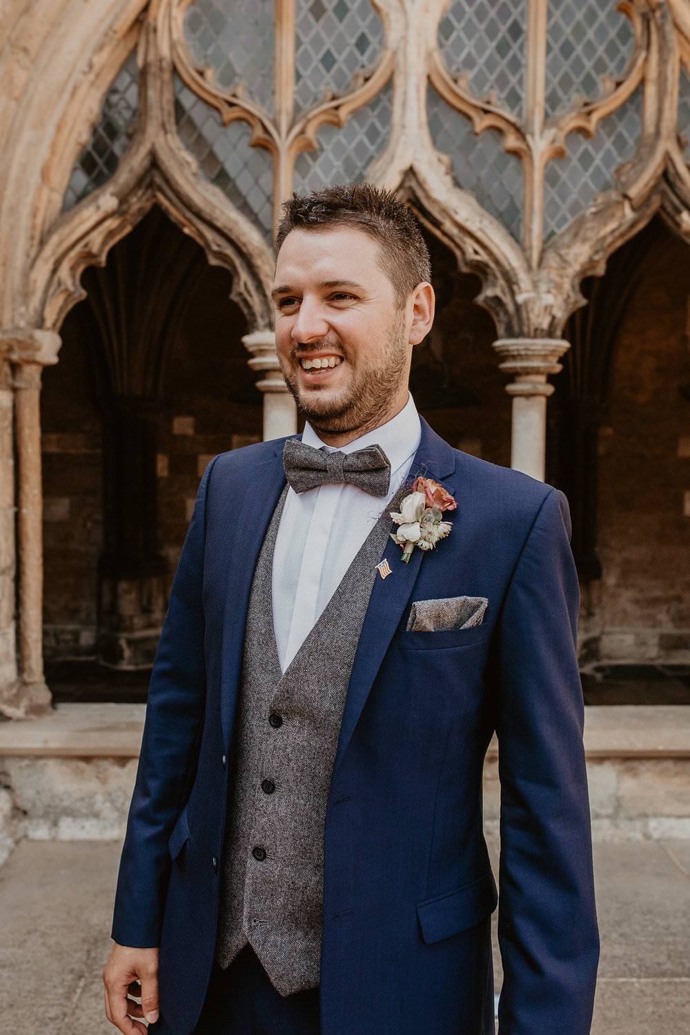 Groom Groomsmen Suits Navy Blue Grey Tweed Waistcoat Bow Tie Norwich Cathedral Wedding Camilla Andrea Photography