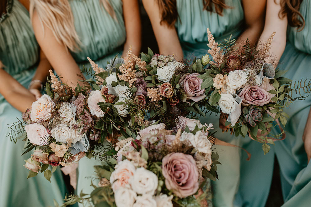 Bouquets Flowers Dusky Pink Greenery Roses SIlk Ribbons Fern Succulent Norwich Cathedral Wedding Camilla Andrea Photography