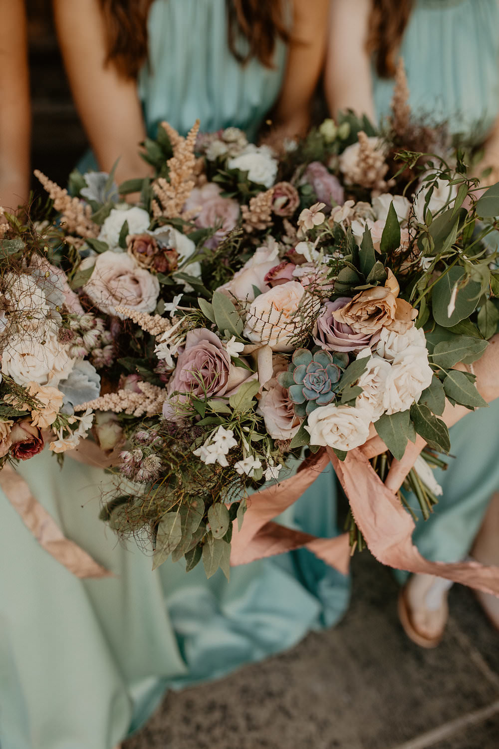 Bouquets Flowers Dusky Pink Greenery Roses SIlk Ribbons Fern Succulent Norwich Cathedral Wedding Camilla Andrea Photography