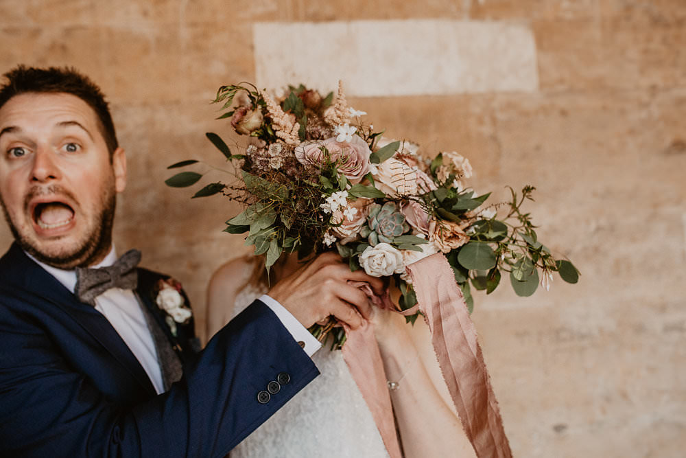 Bouquets Flowers Dusky Pink Greenery Roses SIlk Ribbons Fern Succulent Norwich Cathedral Wedding Camilla Andrea Photography