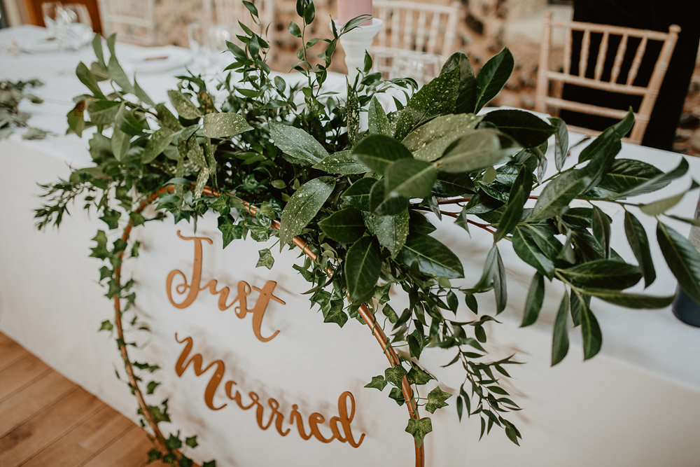 Top Table Flowers Greenery Foliage Hoop Just Married Sign Norwich Cathedral Wedding Camilla Andrea Photography
