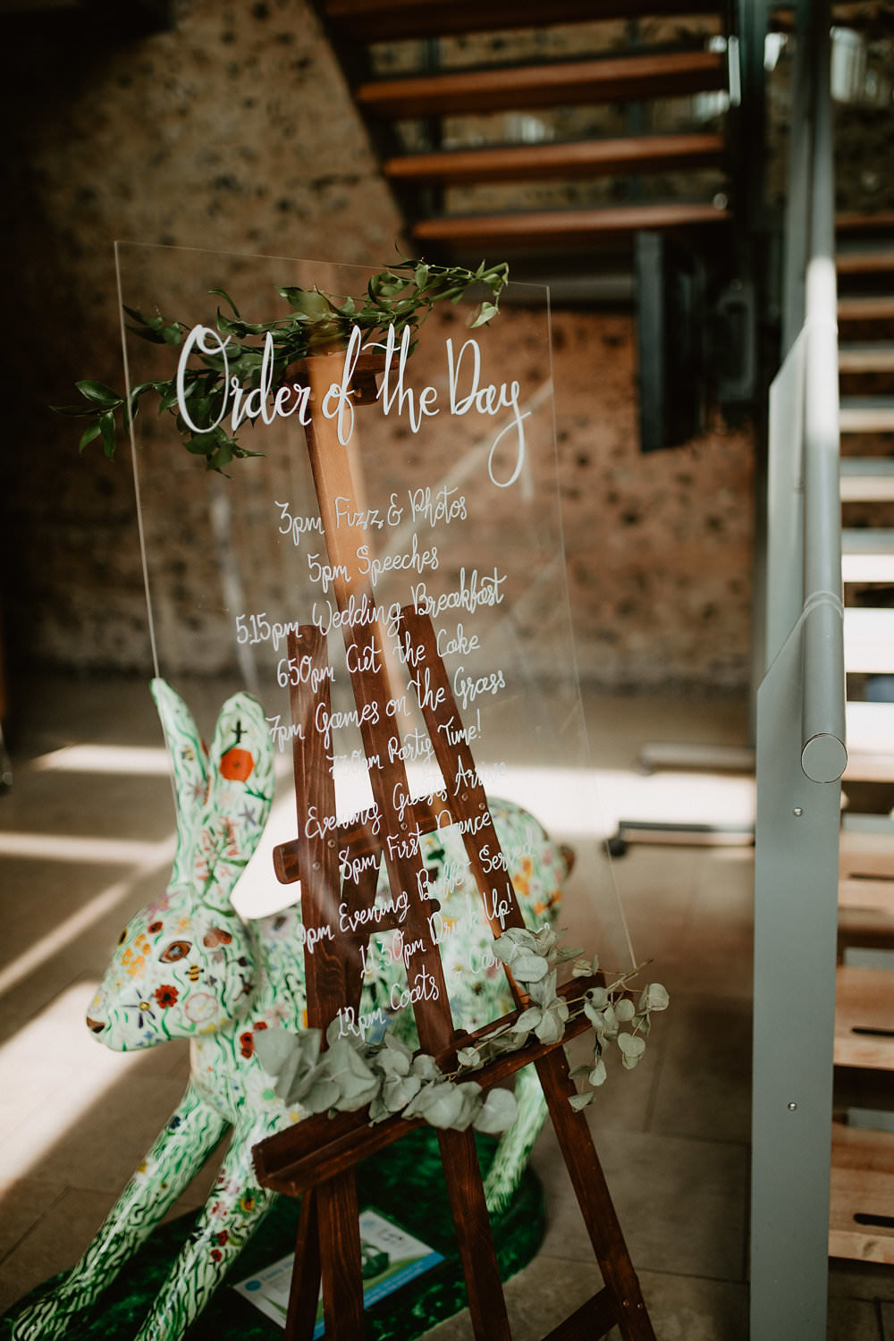 Glass Perspex Acrylic Sign Signage Stationery Calligraphy Greenery Easel Order of Day Timings Norwich Cathedral Wedding Camilla Andrea Photography