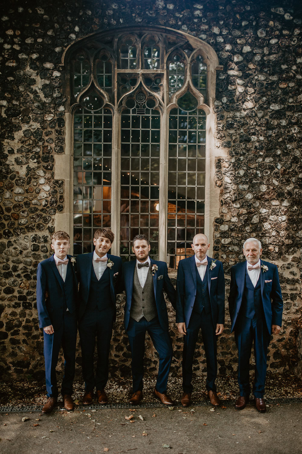 Groom Groomsmen Suits Navy Blue Grey Tweed Waistcoat Bow Tie Norwich Cathedral Wedding Camilla Andrea Photography