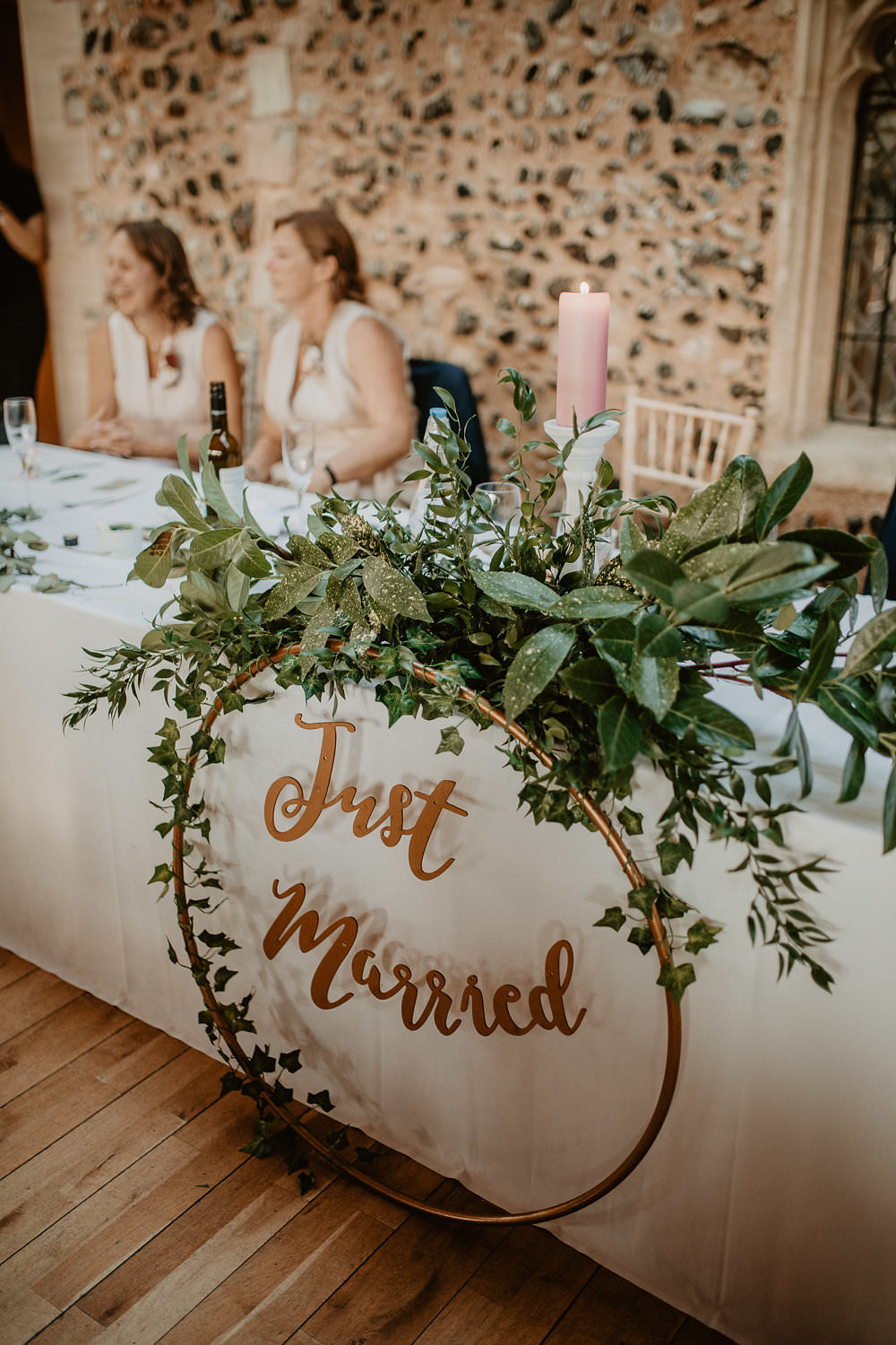 Top Table Flowers Greenery Foliage Hoop Just Married Sign Norwich Cathedral Wedding Camilla Andrea Photography