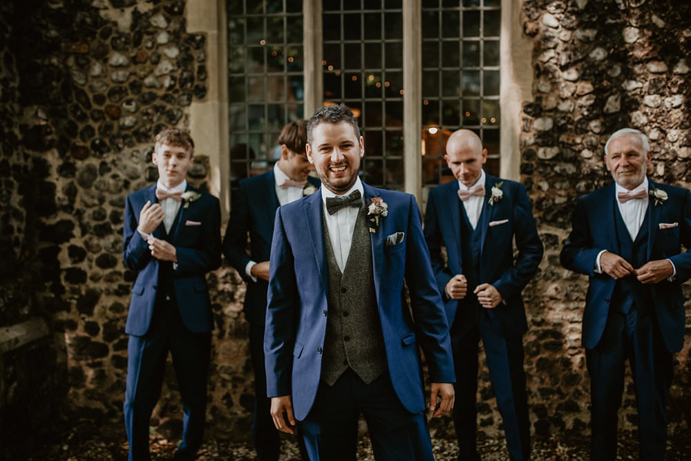 Groom Groomsmen Suits Navy Blue Grey Tweed Waistcoat Bow Tie Norwich Cathedral Wedding Camilla Andrea Photography