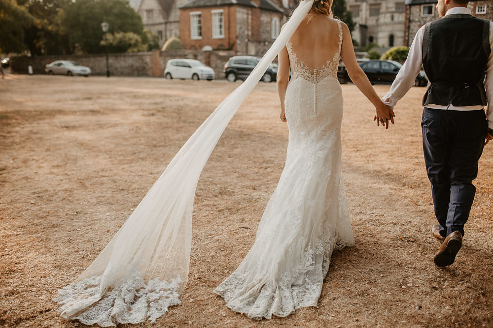 Bride Bridal Dress Gown Straps Lace Fit Flare Mori Lee Sheer Low Back Veil Norwich Cathedral Wedding Camilla Andrea Photography