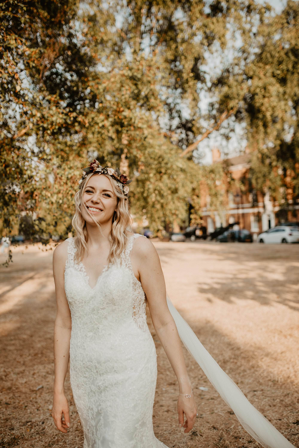 Bride Bridal Dress Gown Straps Lace Fit Flare Mori Lee Sheer Low Back Flower Crown Hair Norwich Cathedral Wedding Camilla Andrea Photography