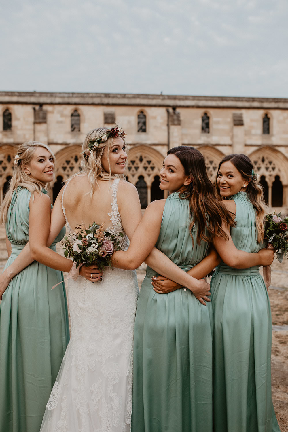 Pale Sage Green High Neck Maxi Long Dresses Bridesmaids Back Bride Squad Norwich Cathedral Wedding Camilla Andrea Photography