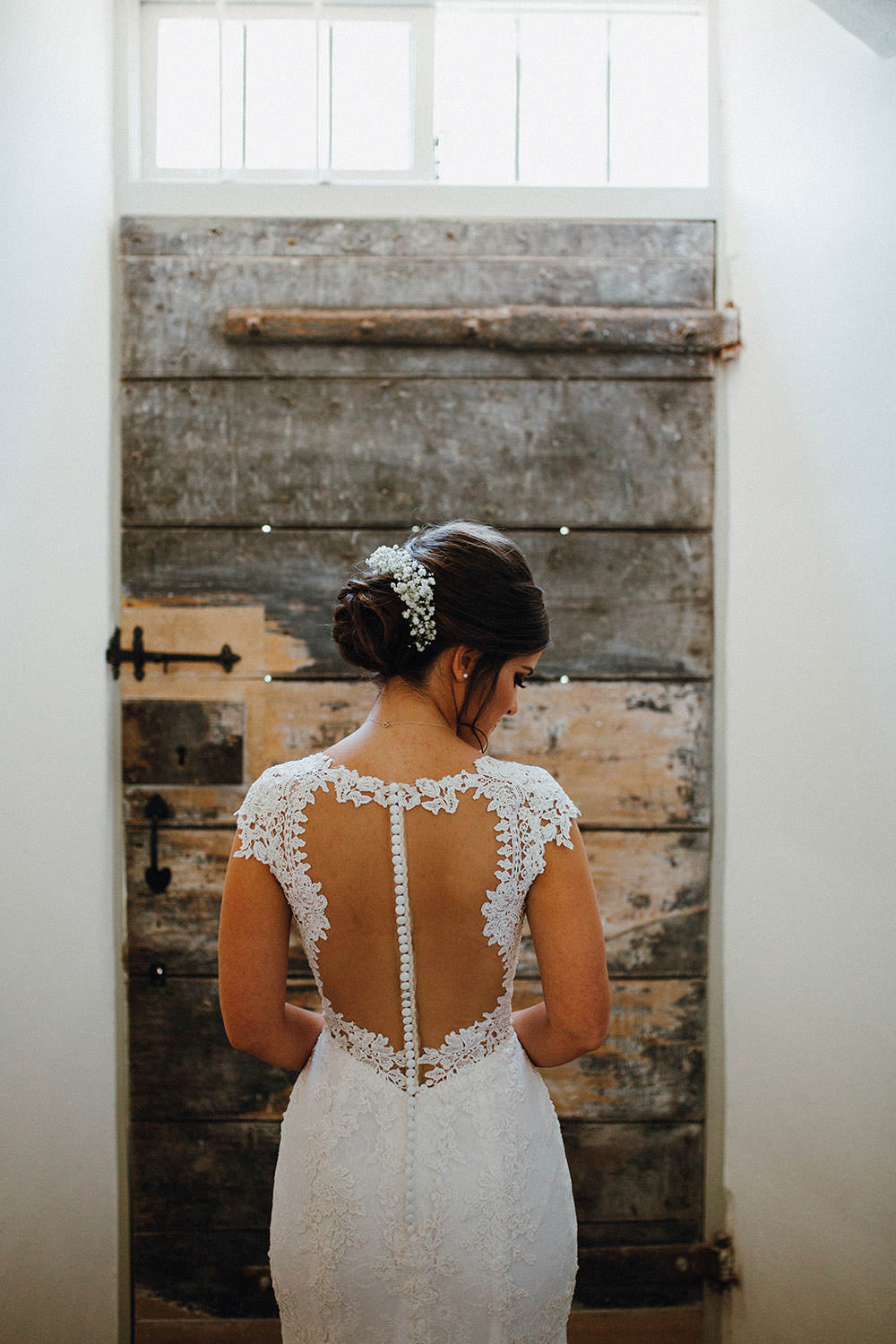 Dress Gown Bride Bridal Lace Illusion Back Buttons Sleeves Train Lillian West Pimhill Barn Wedding Shrophire Leah Lombardi Photography