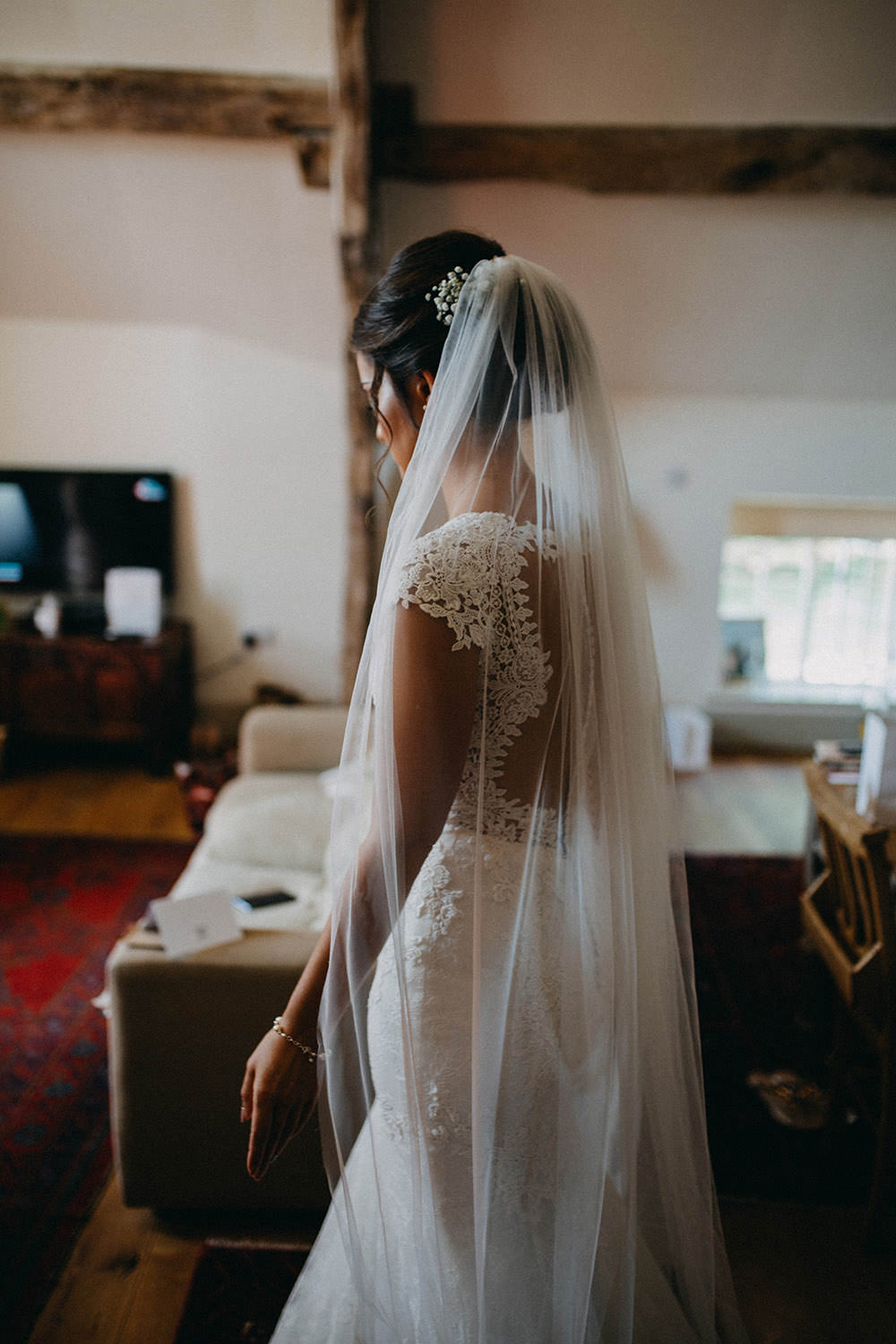 Dress Gown Bride Bridal Lace Illusion Back Buttons Sleeves Train Lillian West Veil Pimhill Barn Wedding Shrophire Leah Lombardi Photography
