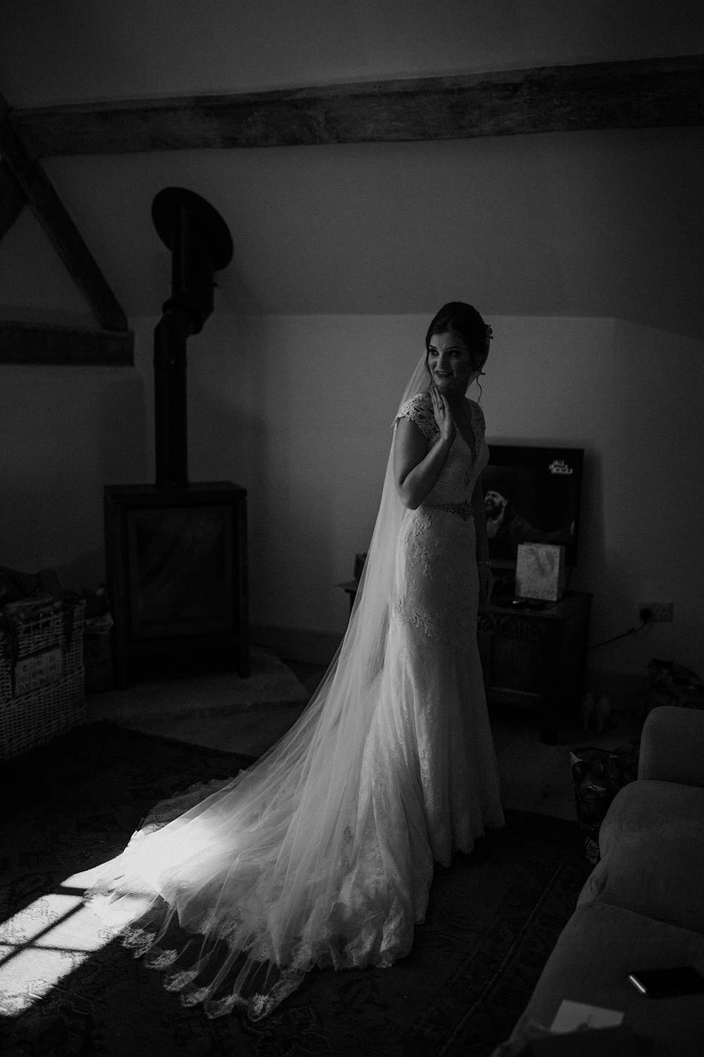 Dress Gown Bride Bridal Lace Illusion Back Buttons Sleeves Train Lillian West Veil Pimhill Barn Wedding Shrophire Leah Lombardi Photography