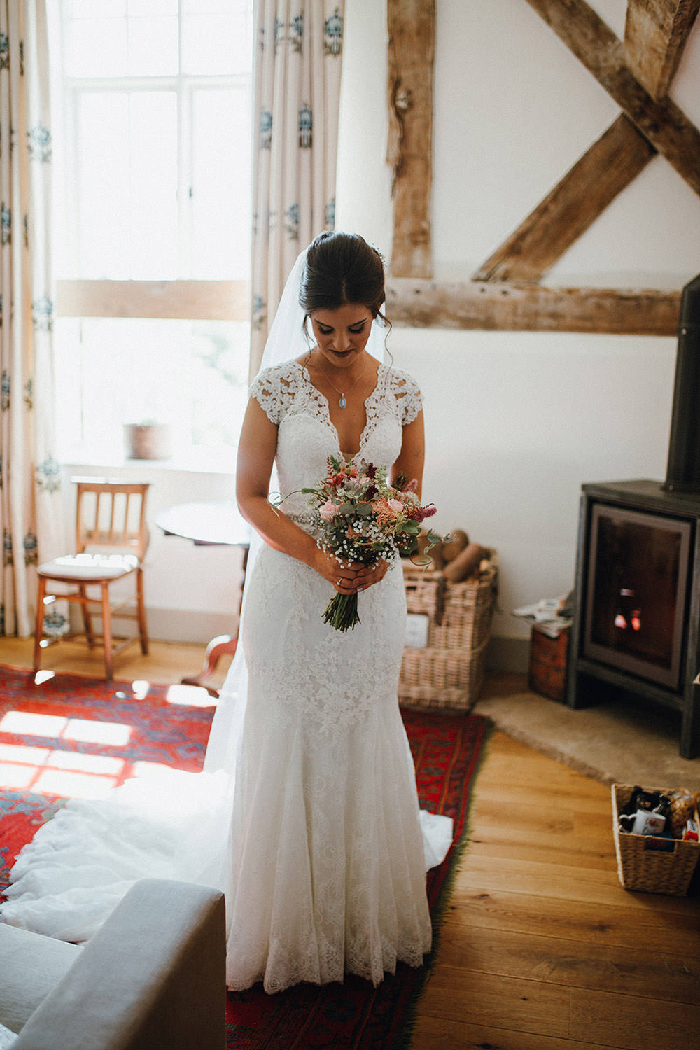 Dress Gown Bride Bridal Lace Illusion Back Buttons Sleeves Train Lillian West Pimhill Barn Wedding Shrophire Leah Lombardi Photography