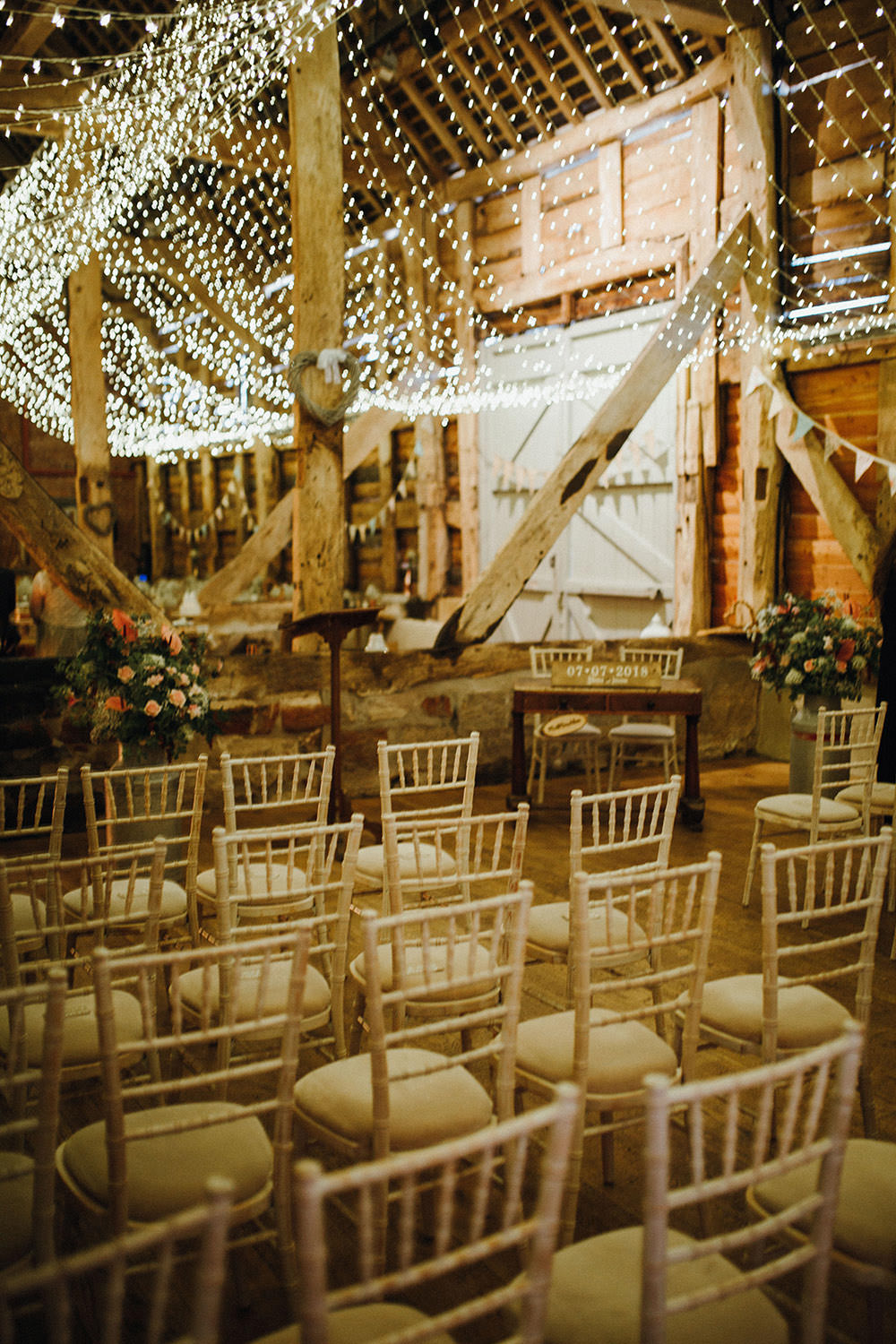 Fairy Lights Lighting Canopy String Ceiling Decor Ceremony Pimhill Barn Wedding Shrophire Leah Lombardi Photography
