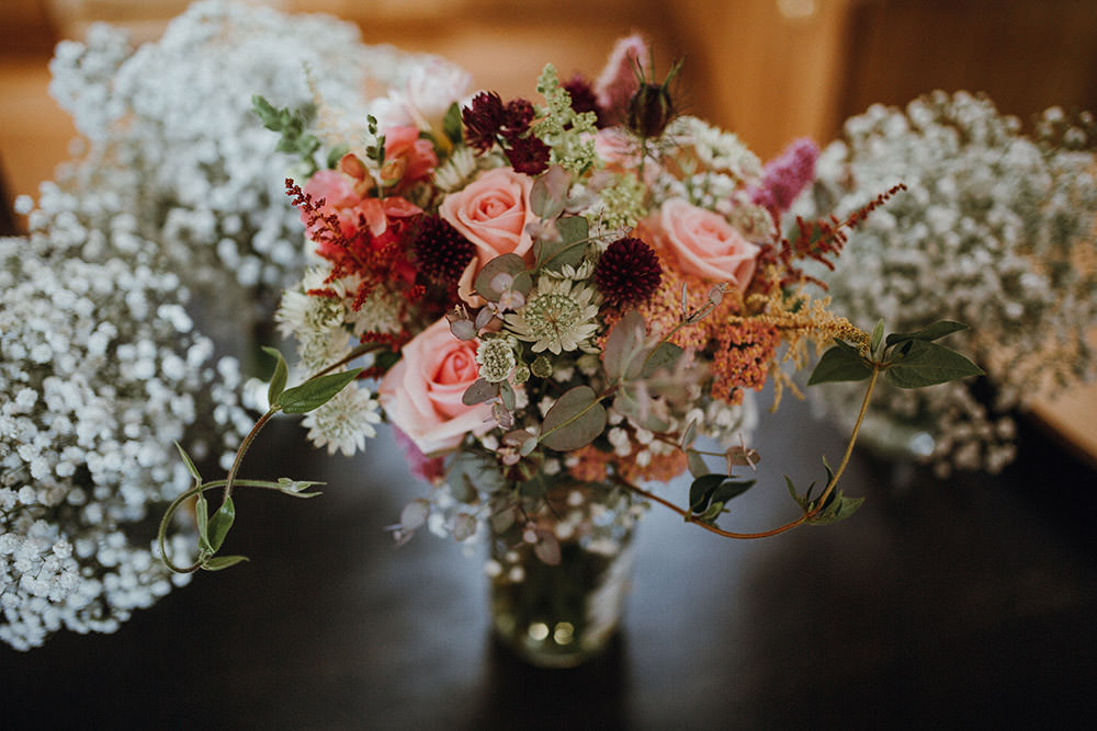 Bouquet Bride Bridal Flowers Peach Red Rose Astilbe Pimhill Barn Wedding Shrophire Leah Lombardi Photography