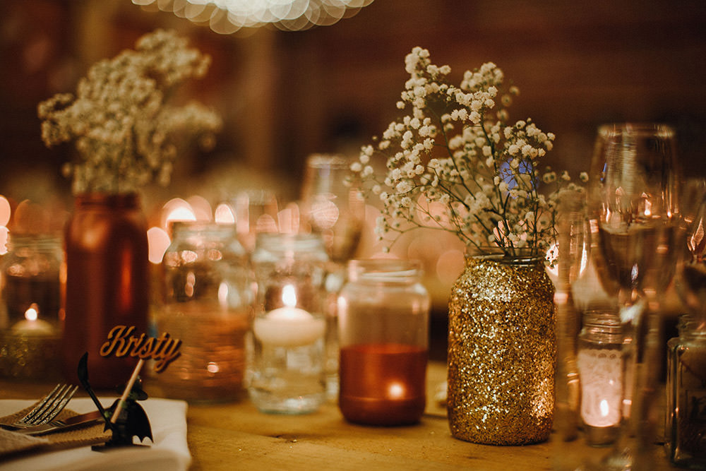 Glitter Jars Copper Metallic Candles Gyp Gypsophila Flowers Tables Pimhill Barn Wedding Shrophire Leah Lombardi Photography
