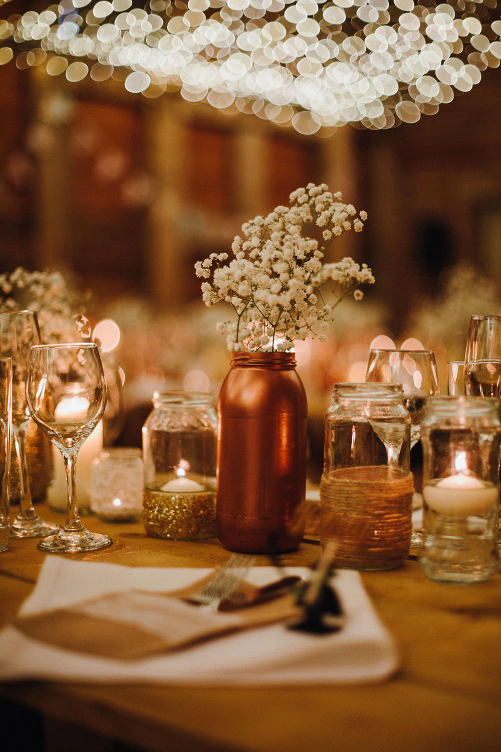 Glitter Jars Copper Metallic Candles Gyp Gypsophila Flowers Tables Pimhill Barn Wedding Shrophire Leah Lombardi Photography
