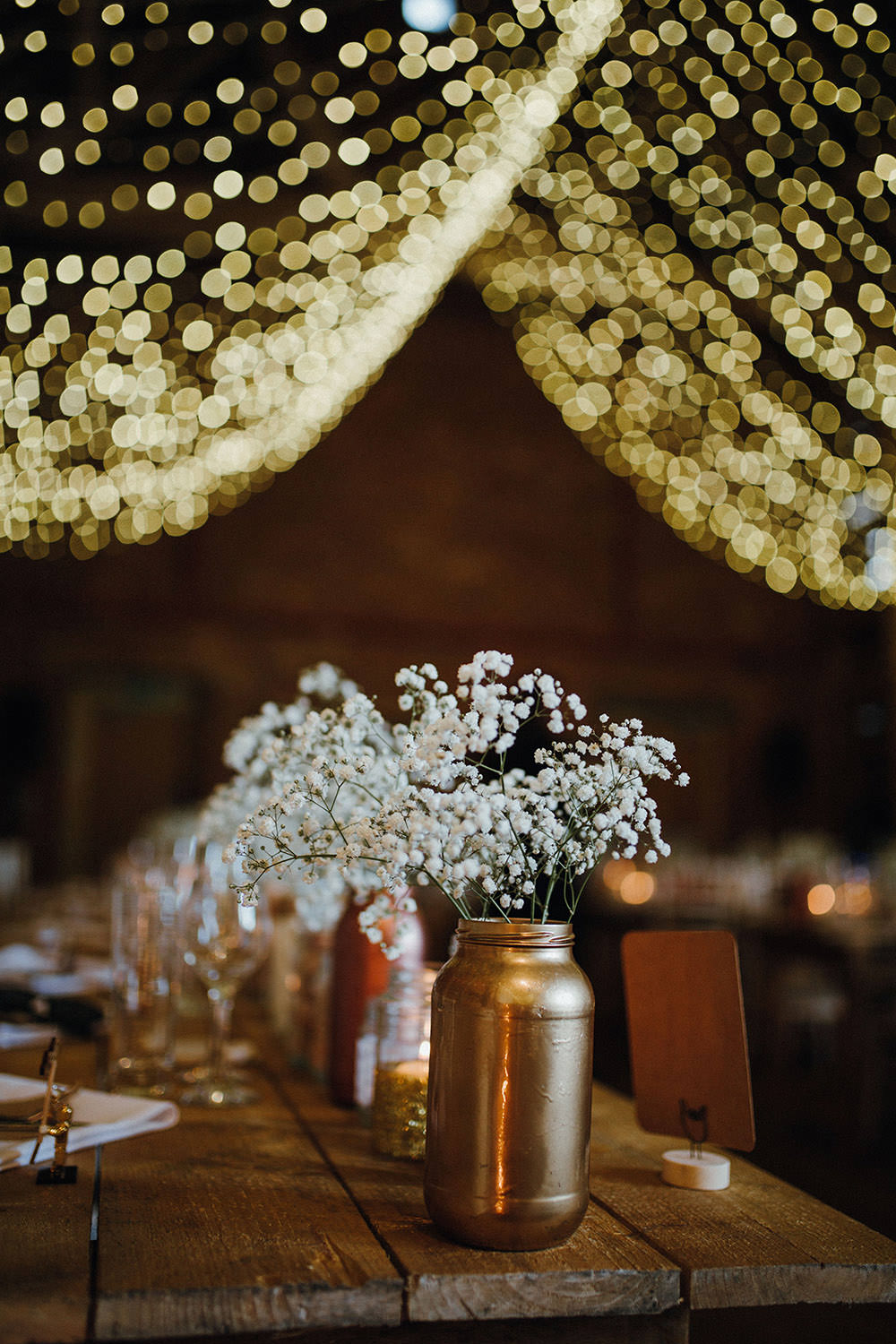 Glitter Jars Copper Metallic Candles Gyp Gypsophila Flowers Tables Gold Metallic Pimhill Barn Wedding Shrophire Leah Lombardi Photography