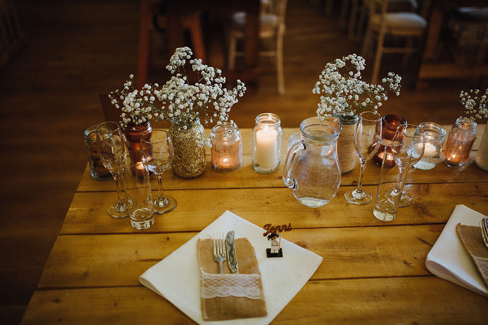 Glitter Jars Copper Metallic Candles Gyp Gypsophila Flowers Tables Pimhill Barn Wedding Shrophire Leah Lombardi Photography