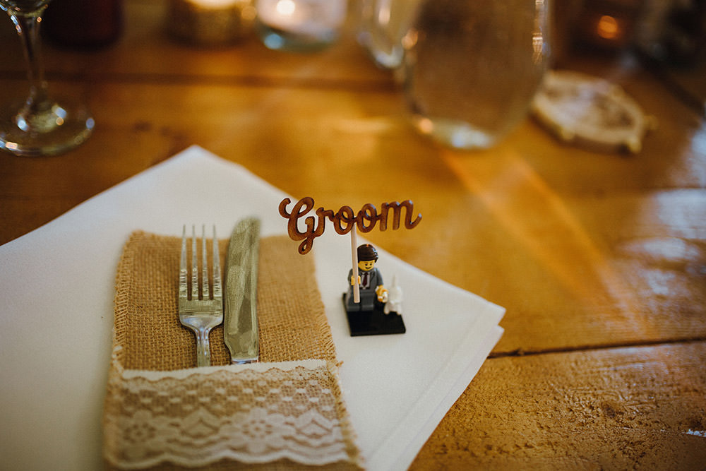 Place Name Setting Card Harry Potter Lego Mini Figure Pimhill Barn Wedding Shrophire Leah Lombardi Photography