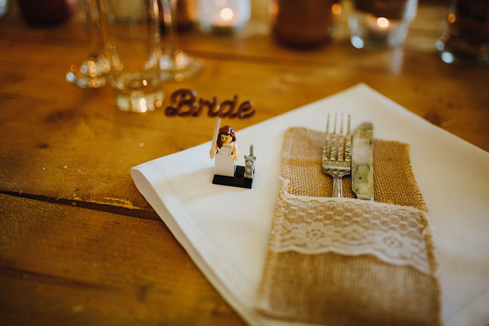 Place Name Setting Card Harry Potter Lego Mini Figure Hessian Cutlery Envelpoe Pouch Lace Pimhill Barn Wedding Shrophire Leah Lombardi Photography