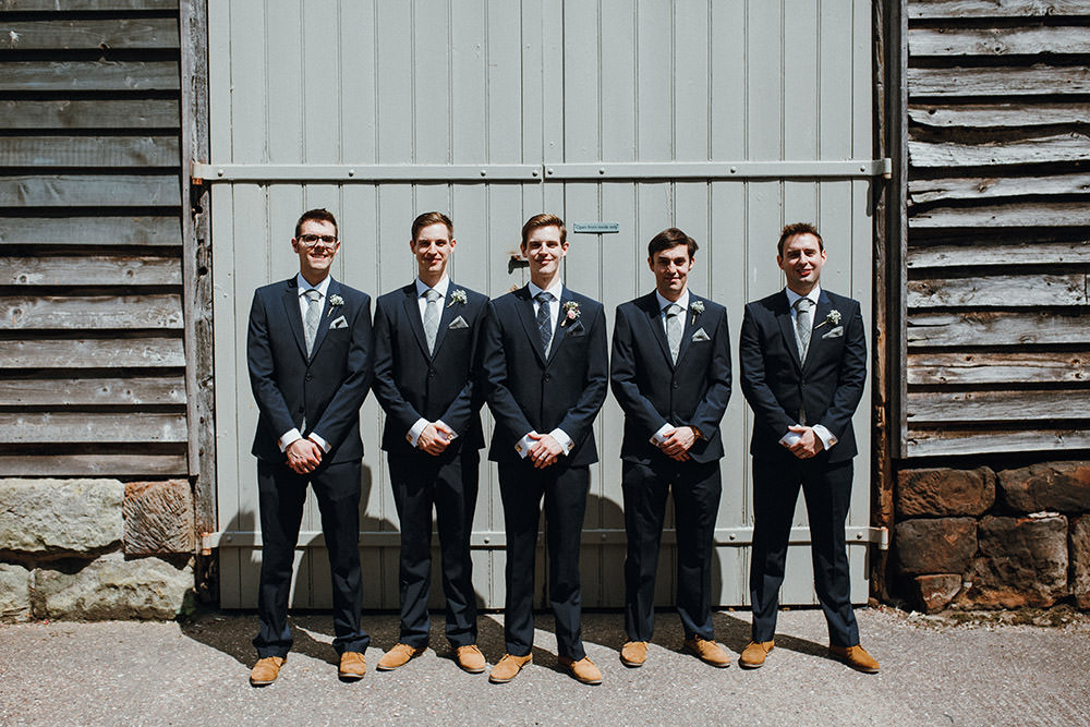 Groom Groomsmen Suits Tan Shoes Blue Tweed Ties Pimhill Barn Wedding Shrophire Leah Lombardi Photography