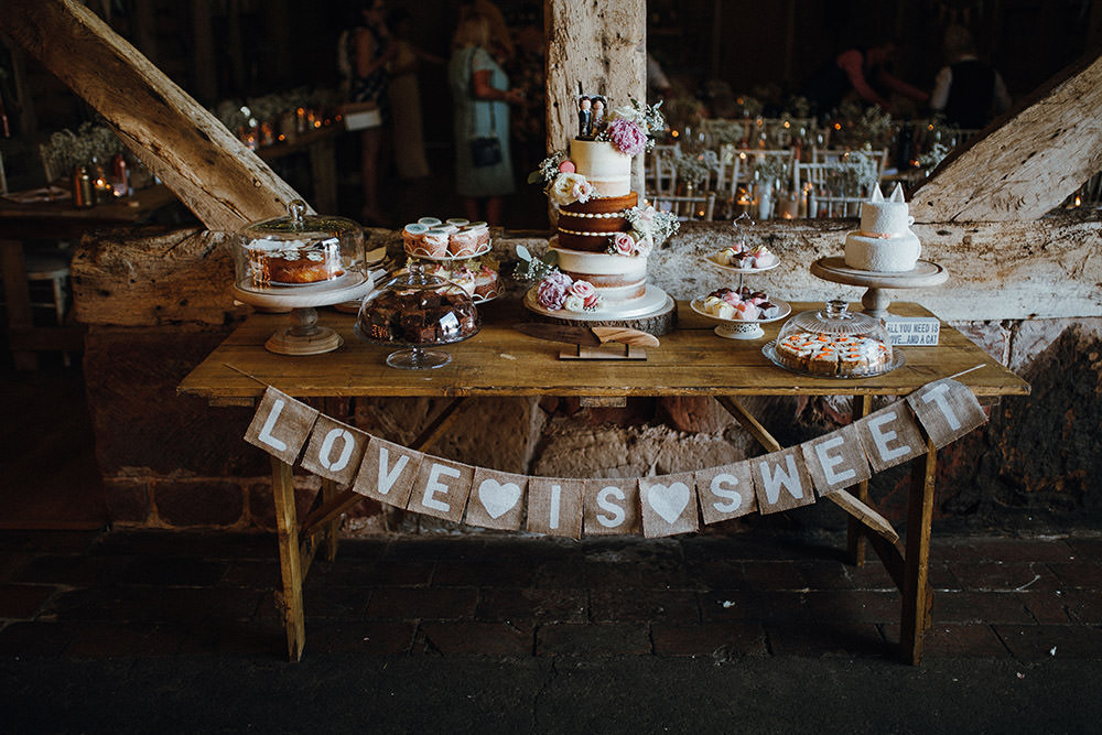 Dessert Cake Table Treats Bunting Sign Pimhill Barn Wedding Shrophire Leah Lombardi Photography