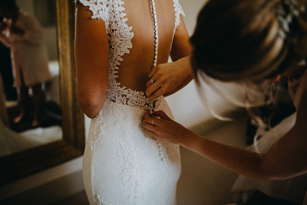 Dress Gown Bride Bridal Lace Illusion Back Buttons Sleeves Train Lillian West Pimhill Barn Wedding Shrophire Leah Lombardi Photography