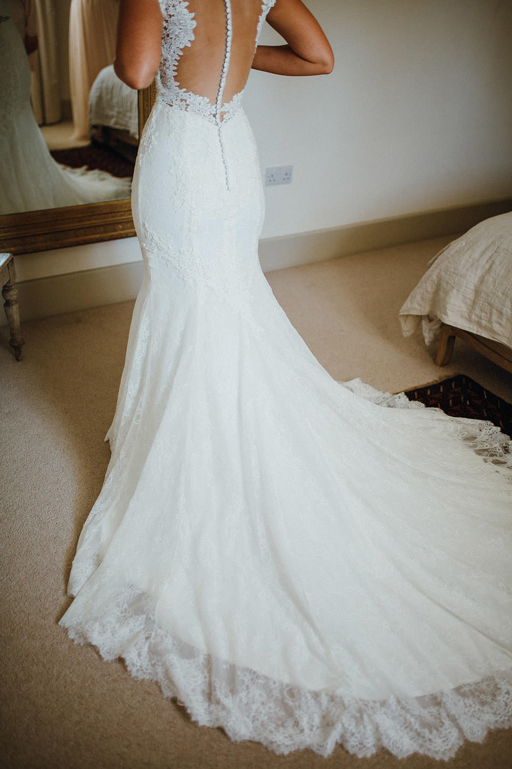 Dress Gown Bride Bridal Lace Illusion Back Buttons Sleeves Train Lillian West Pimhill Barn Wedding Shrophire Leah Lombardi Photography