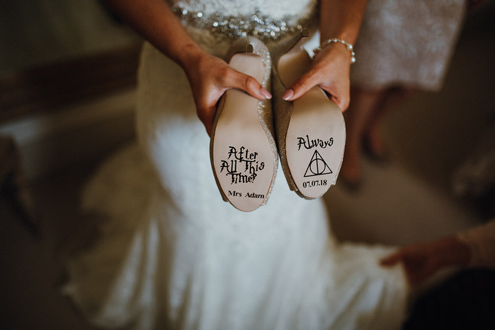 Bride Bridal Harry Potter Shoes Quote Sole After All This Time Always Pimhill Barn Wedding Shrophire Leah Lombardi Photography