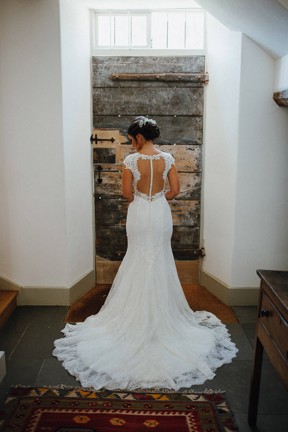 Dress Gown Bride Bridal Lace Illusion Back Buttons Sleeves Train Lillian West Pimhill Barn Wedding Shrophire Leah Lombardi Photography