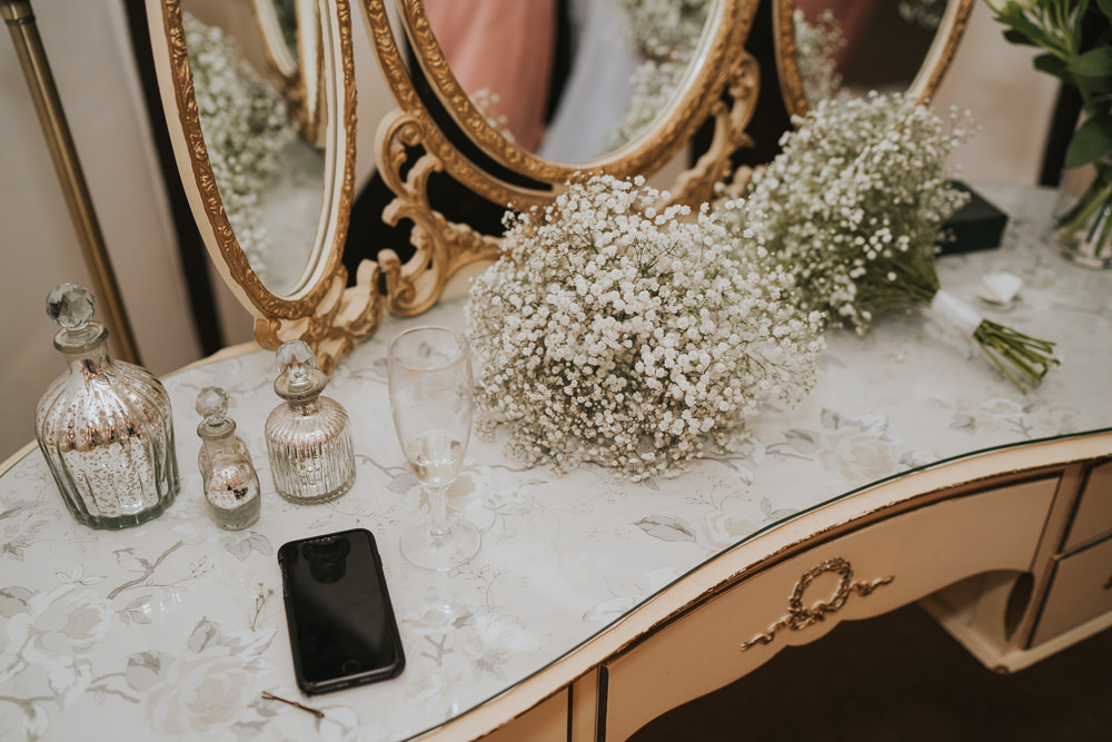 Outdoor Natural Relaxed Laid Back Summer White Dress Bridal Morning Prep Gypsophila Bridesmaids Bouquets | Prested Hall Wedding Grace Elizabeth Photography
