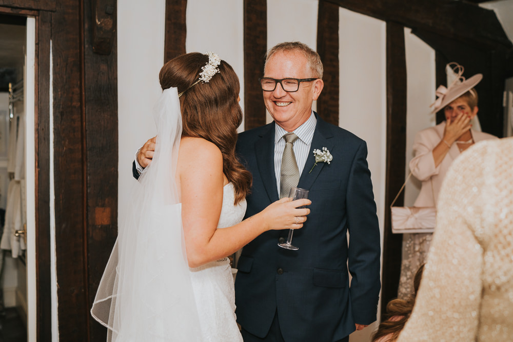 Outdoor Natural Relaxed Laid Back Summer White Dress Bridal Morning Prep Gypsophila Crown Father First Look | Prested Hall Wedding Grace Elizabeth Photography