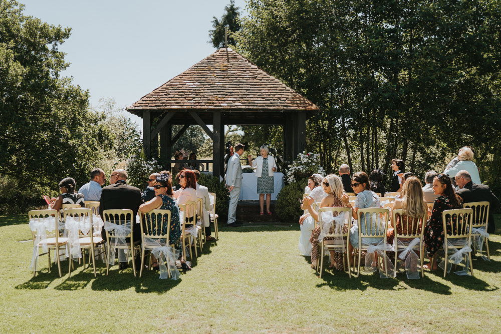 Intimate Outdoor Natural Relaxed Laid Back Summer Gazebo Ceremony Aisle | Prested Hall Wedding Grace Elizabeth Photography