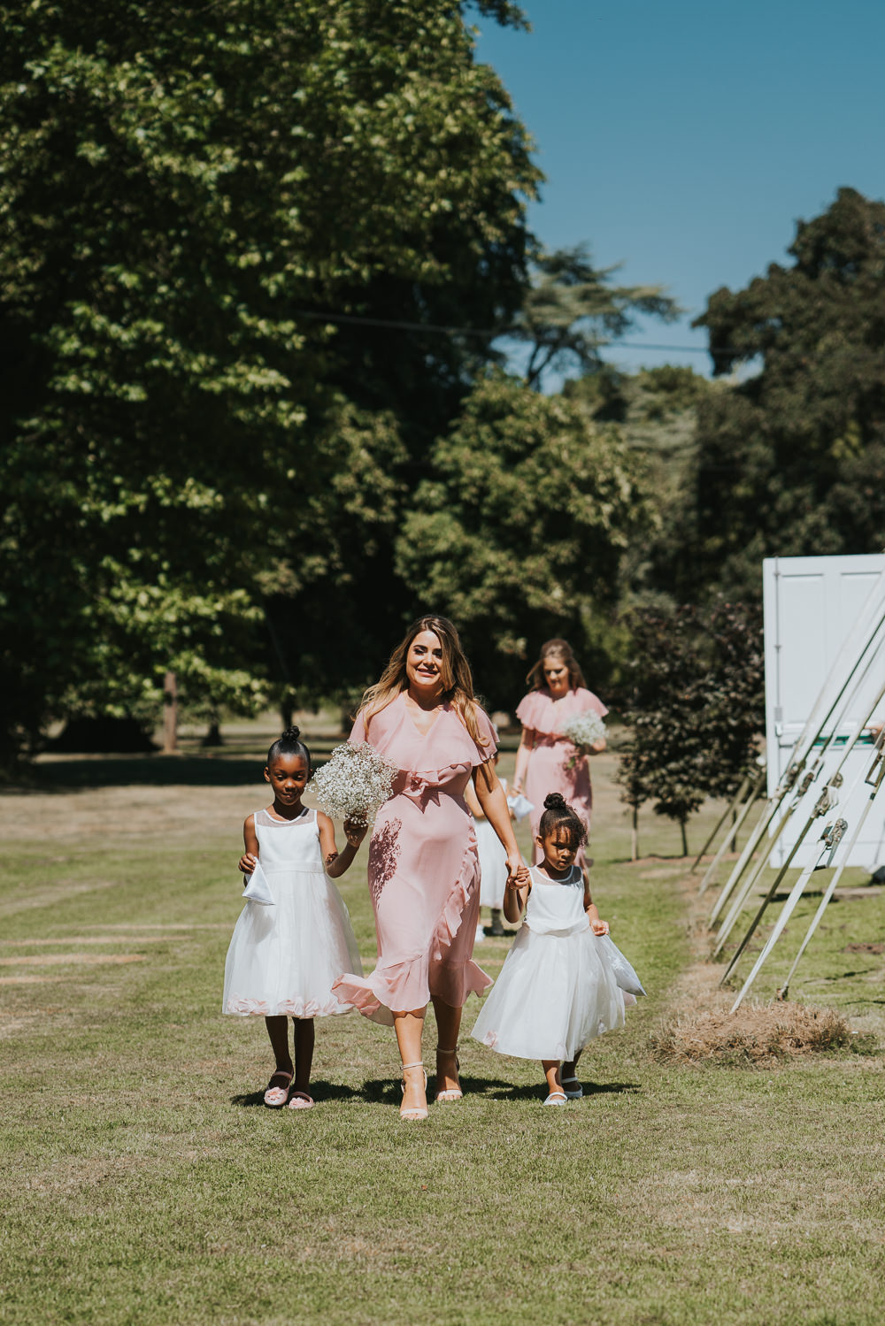 Outdoor Natural Relaxed Laid Back Summer Gypsophila Bouquets Blush Pink Bridesmaids Flower Girls | Prested Hall Wedding Grace Elizabeth Photography