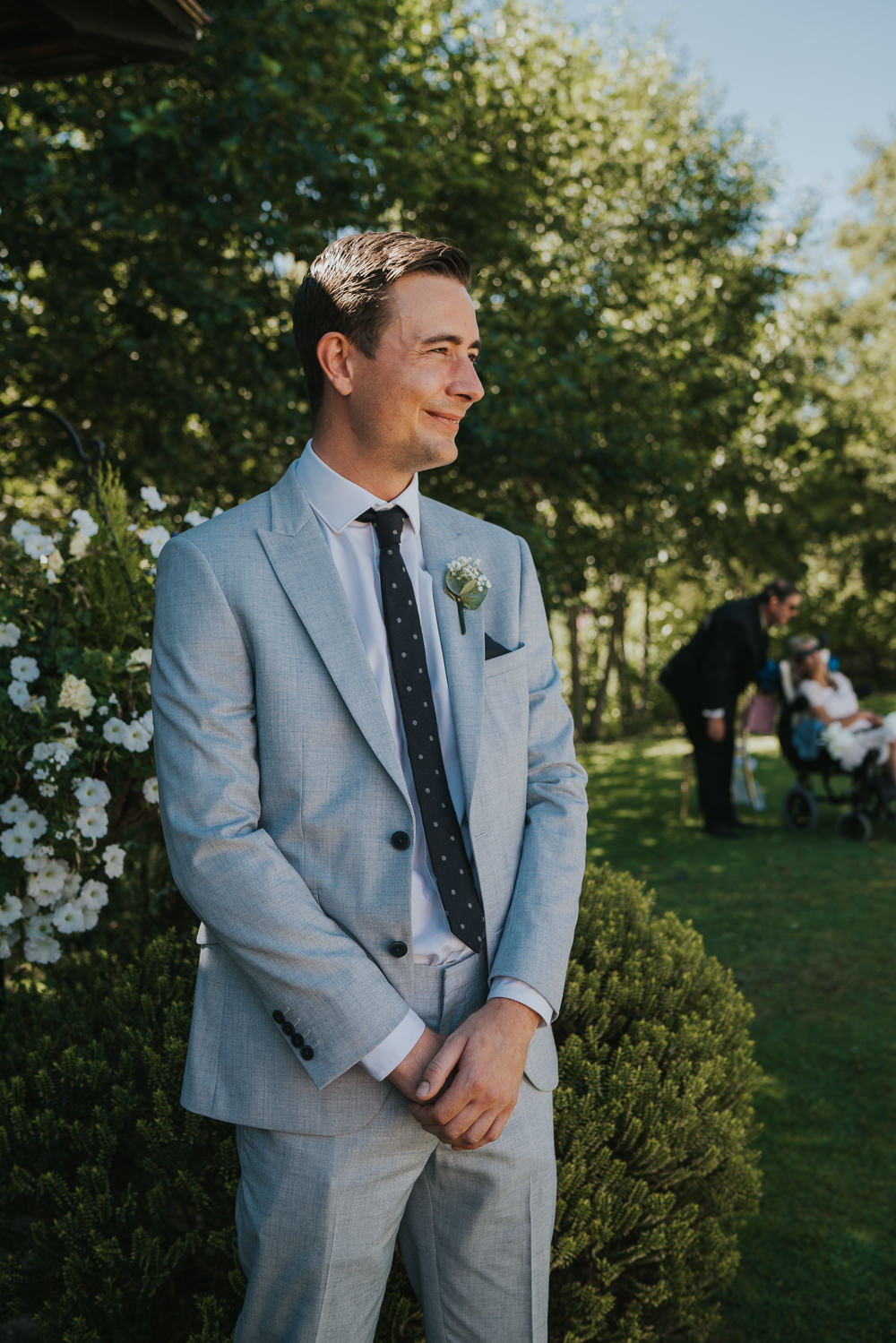 Intimate Outdoor Natural Relaxed Laid Back Summer Gazebo Ceremony Aisle Groom Grey Suit | Prested Hall Wedding Grace Elizabeth Photography
