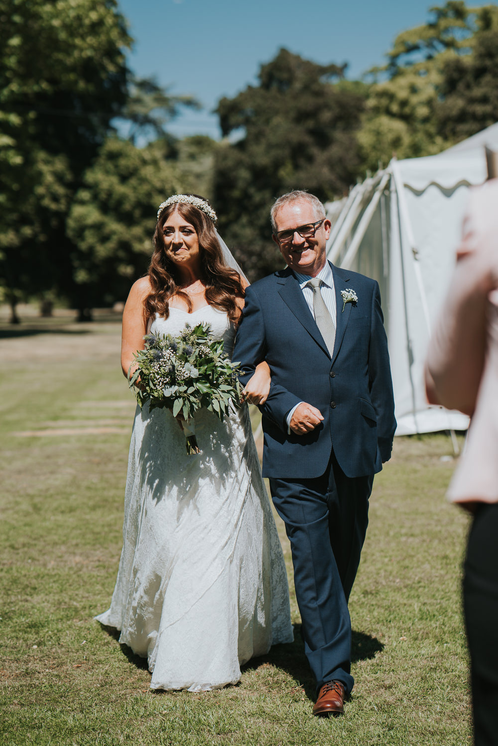 Intimate Outdoor Natural Relaxed Laid Back Summer Gazebo Ceremony Aisle Bride Father Foliage Greenery Bouquet | Prested Hall Wedding Grace Elizabeth Photography