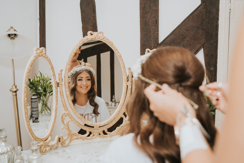 Outdoor Natural Relaxed Laid Back Summer White Dress Bridal Shoes Morning Bride Prep Gypsophila Crown | Prested Hall Wedding Grace Elizabeth Photography