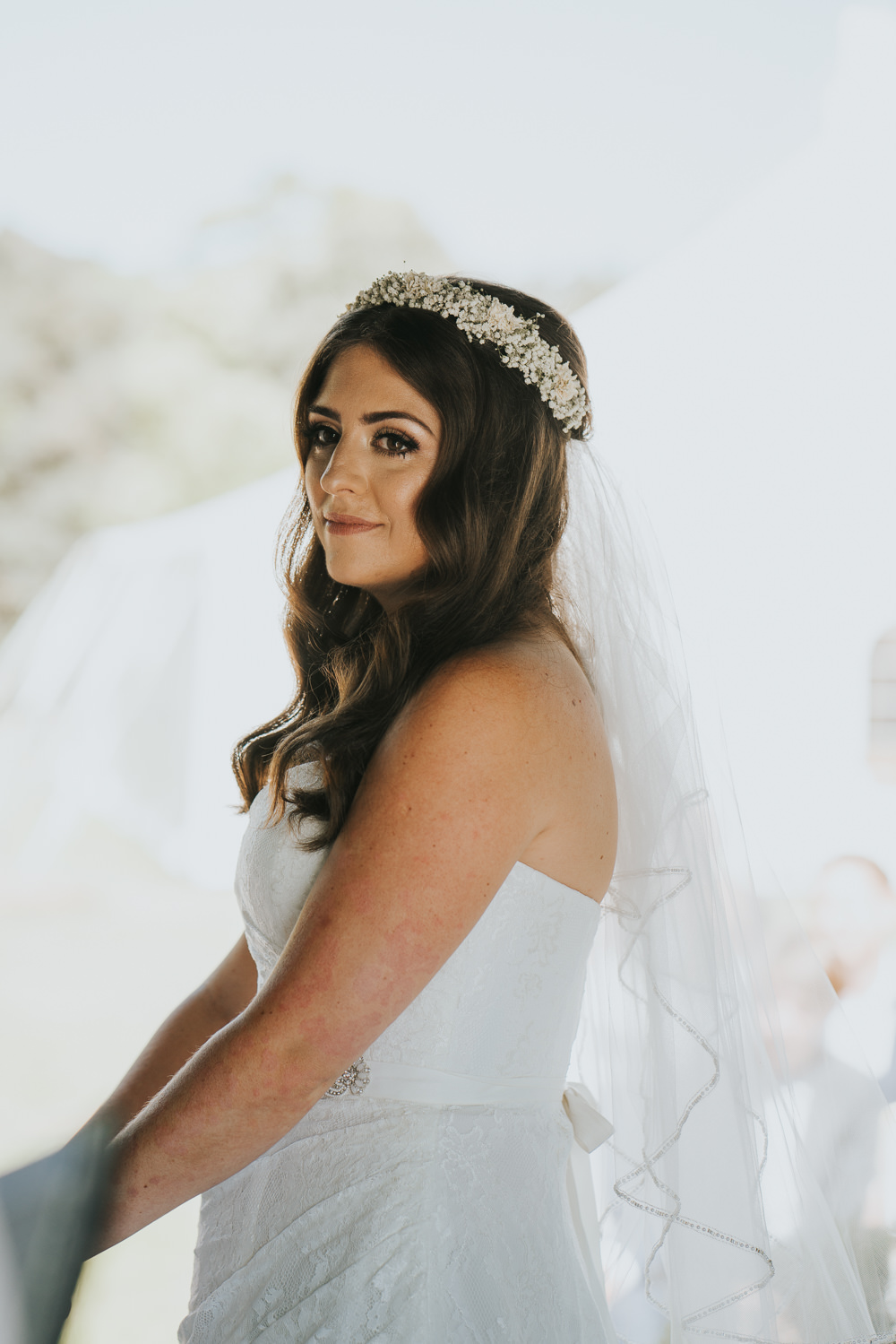 Intimate Outdoor Natural Relaxed Laid Back Summer Gazebo Ceremony Aisle Bride Gypsophila Crown | Prested Hall Wedding Grace Elizabeth Photography
