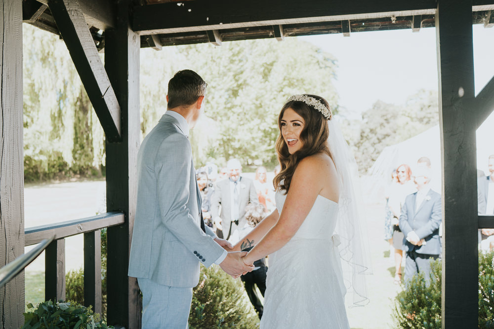 Intimate Outdoor Natural Relaxed Laid Back Summer Gazebo Ceremony Aisle Groom Bride Gypsophila Crown | Prested Hall Wedding Grace Elizabeth Photography