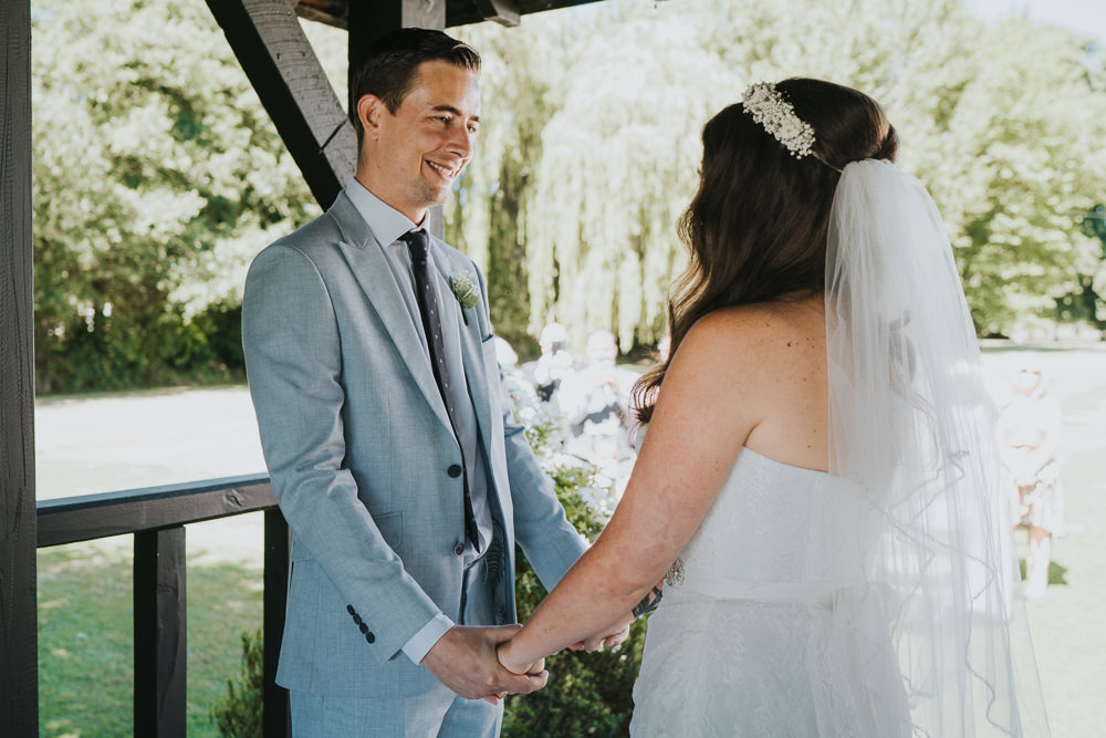 Intimate Outdoor Natural Relaxed Laid Back Summer Gazebo Ceremony Aisle Groom Bride Gypsophila Crown | Prested Hall Wedding Grace Elizabeth Photography