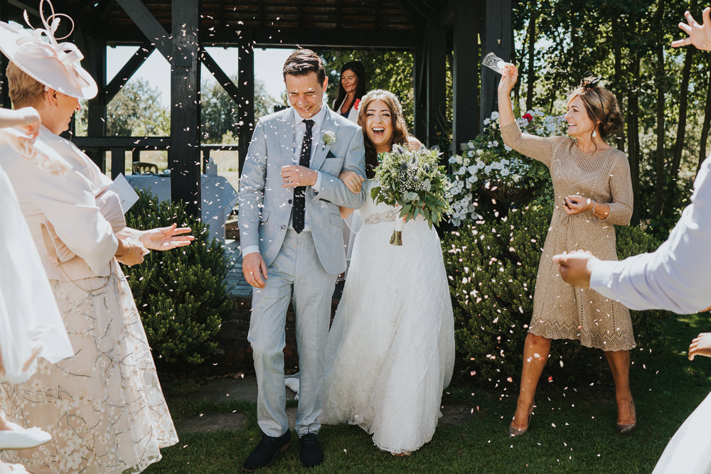 Intimate Outdoor Natural Relaxed Laid Back Summer Gazebo Ceremony Aisle Groom Bride Foliage Greenery Bouquet Confetti | Prested Hall Wedding Grace Elizabeth Photography
