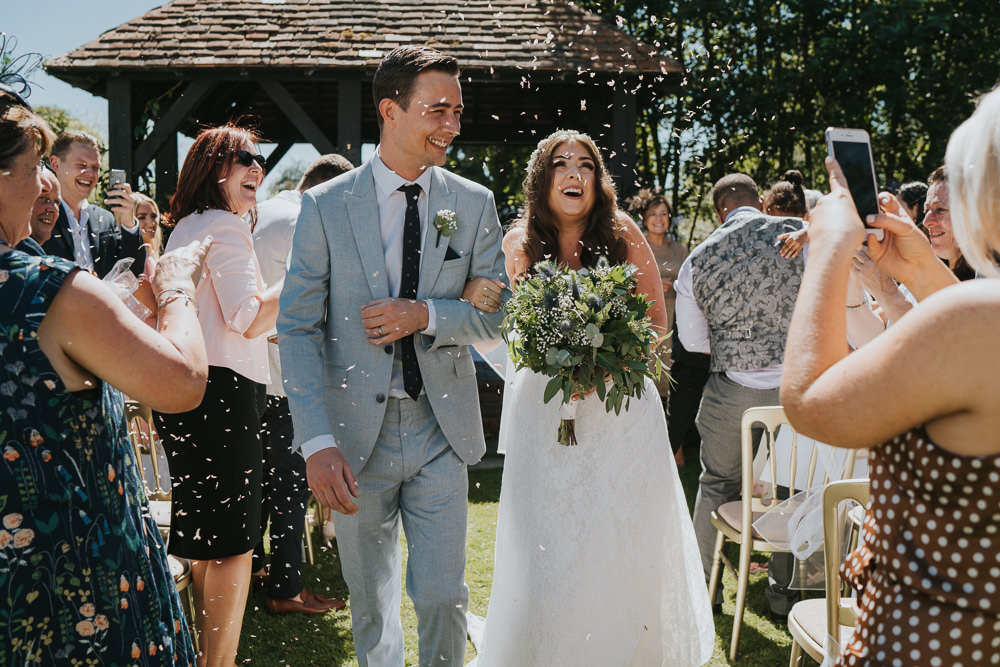 Intimate Outdoor Natural Relaxed Laid Back Summer Gazebo Ceremony Aisle Groom Bride Foliage Greenery Bouquet Confetti | Prested Hall Wedding Grace Elizabeth Photography