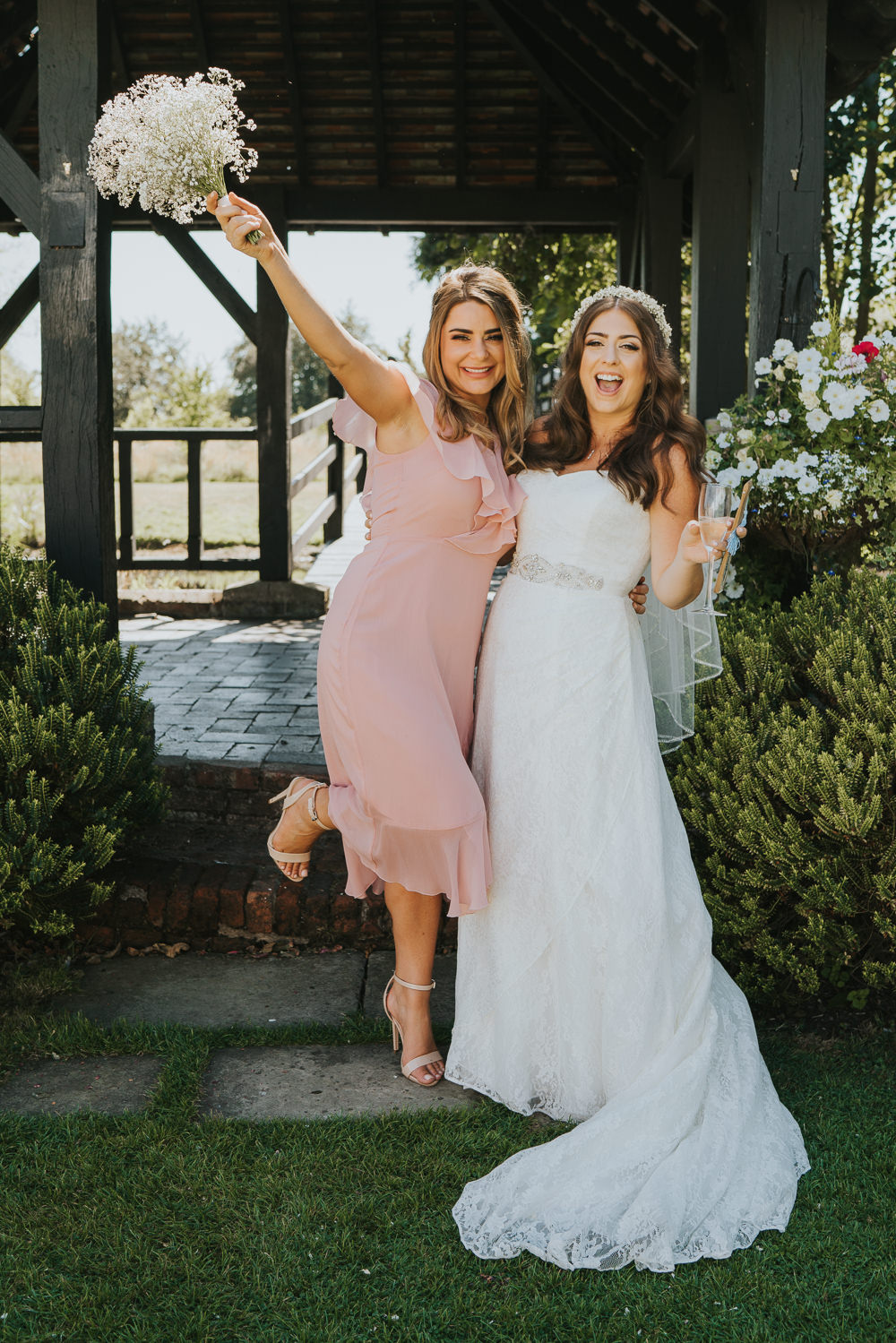 Intimate Outdoor Natural Relaxed Laid Back Summer Bride Veil Drinks Reception Blush Bridesmaids Gypsophila Bouquet | Prested Hall Wedding Grace Elizabeth Photography