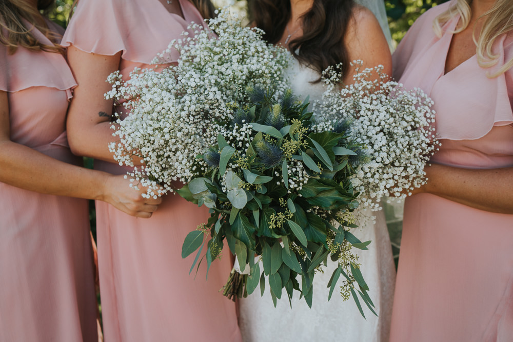 Intimate Outdoor Natural Relaxed Laid Back Summer Bride Bridesmaids Gypsophila Bouquet Foliage | Prested Hall Wedding Grace Elizabeth Photography