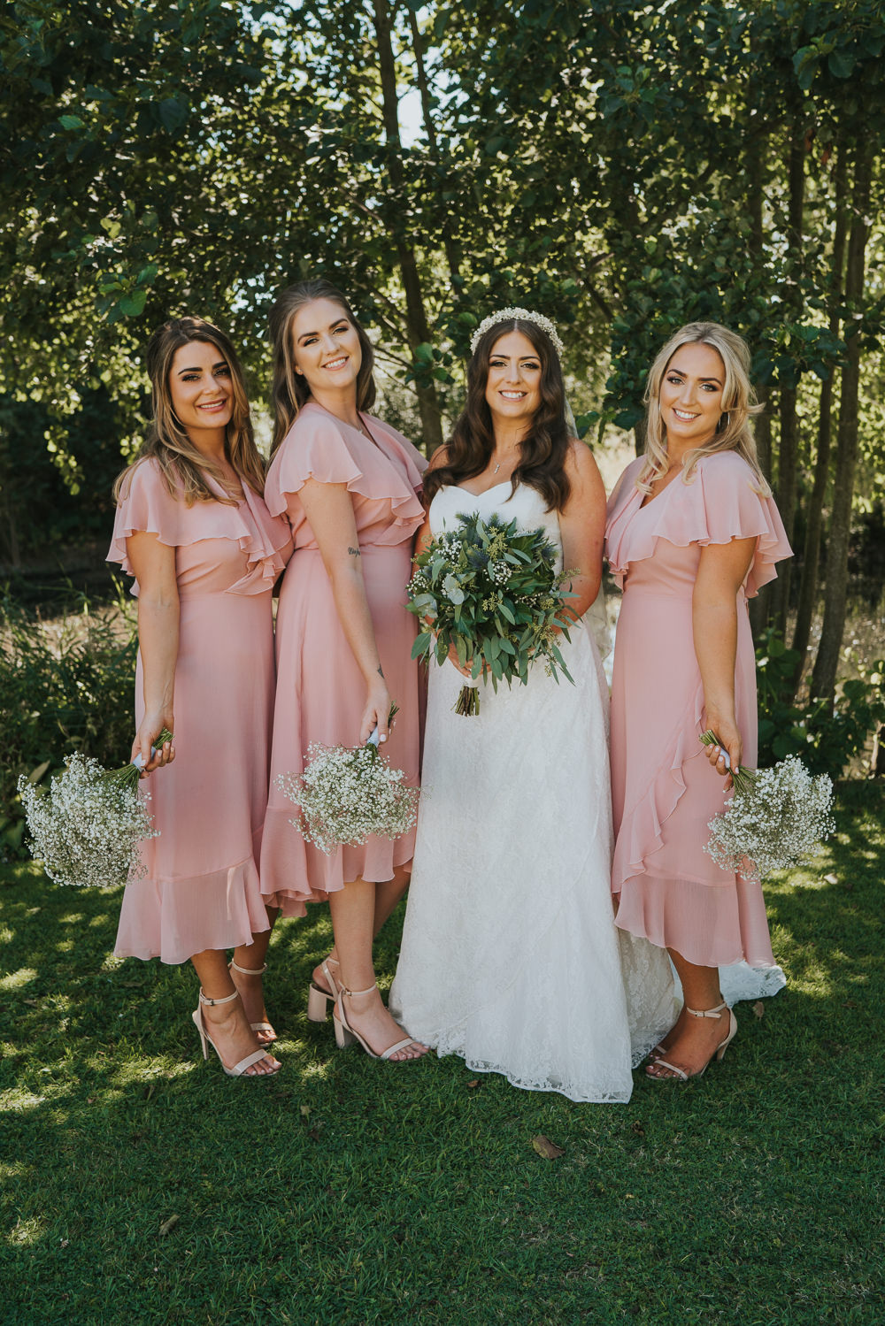 Intimate Outdoor Natural Relaxed Laid Back Summer Bride Blush Pink Bridesmaids Gypsophila White Green Bouquet | Prested Hall Wedding Grace Elizabeth Photography