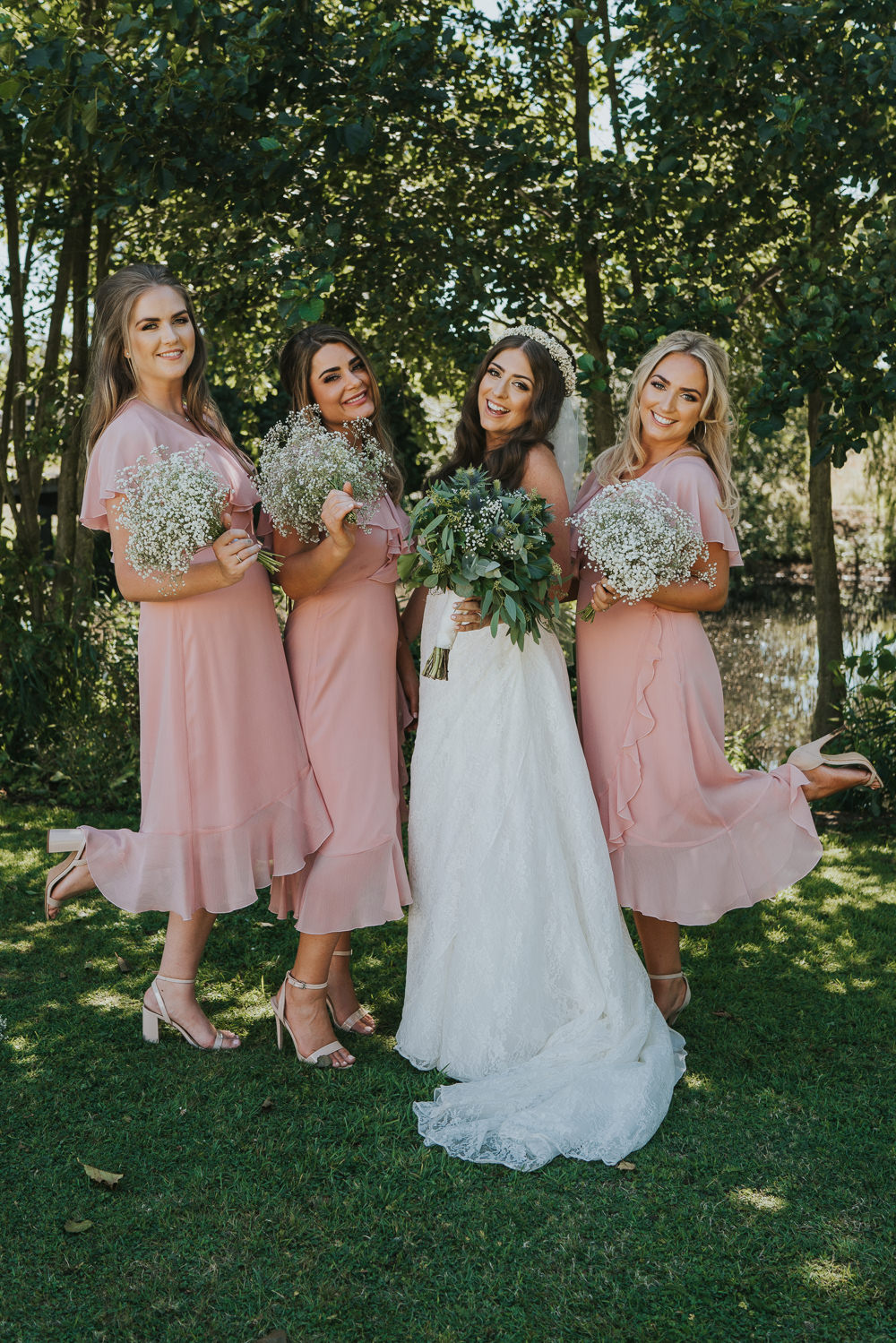 Intimate Outdoor Natural Relaxed Laid Back Summer Bride Blush Pink Bridesmaids Gypsophila White Green Bouquet | Prested Hall Wedding Grace Elizabeth Photography