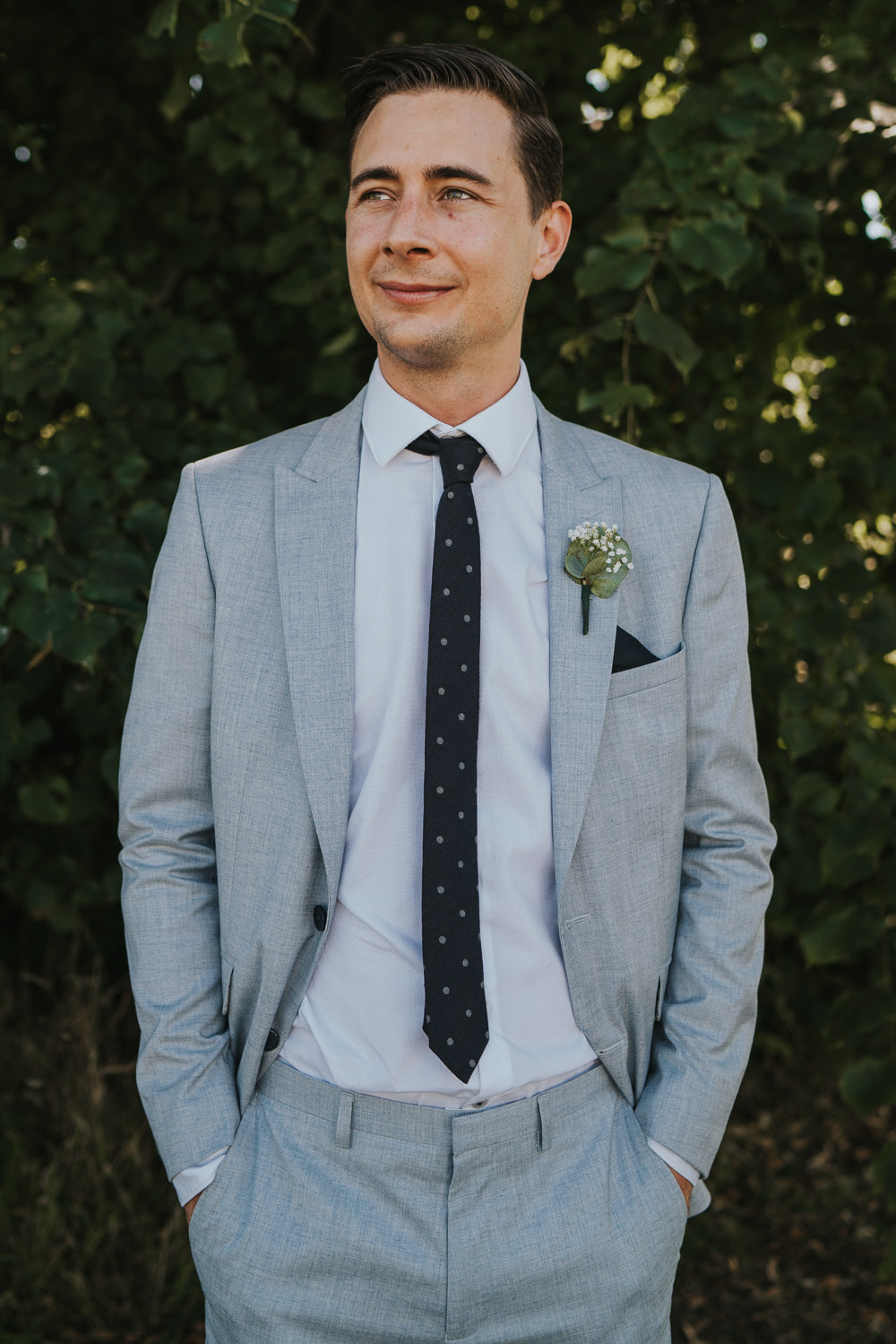 Intimate Outdoor Natural Relaxed Laid Back Summer Groom Grey Suit | Prested Hall Wedding Grace Elizabeth Photography