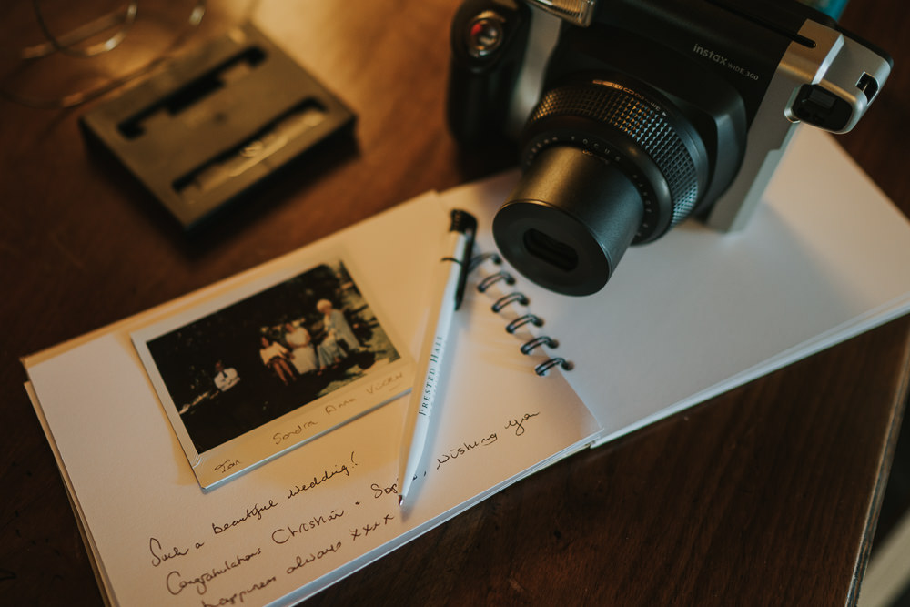 Intimate Outdoor Natural Relaxed Laid Back Summer Reception Instax Polaroid Frame Guestbook | Prested Hall Wedding Grace Elizabeth Photography