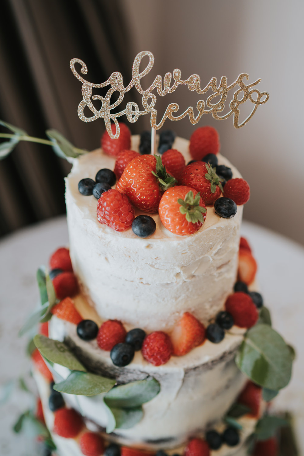 Intimate Outdoor Natural Relaxed Laid Back Summer Reception Seminaked Fruit Strawberries Cake Topper | Prested Hall Wedding Grace Elizabeth Photography